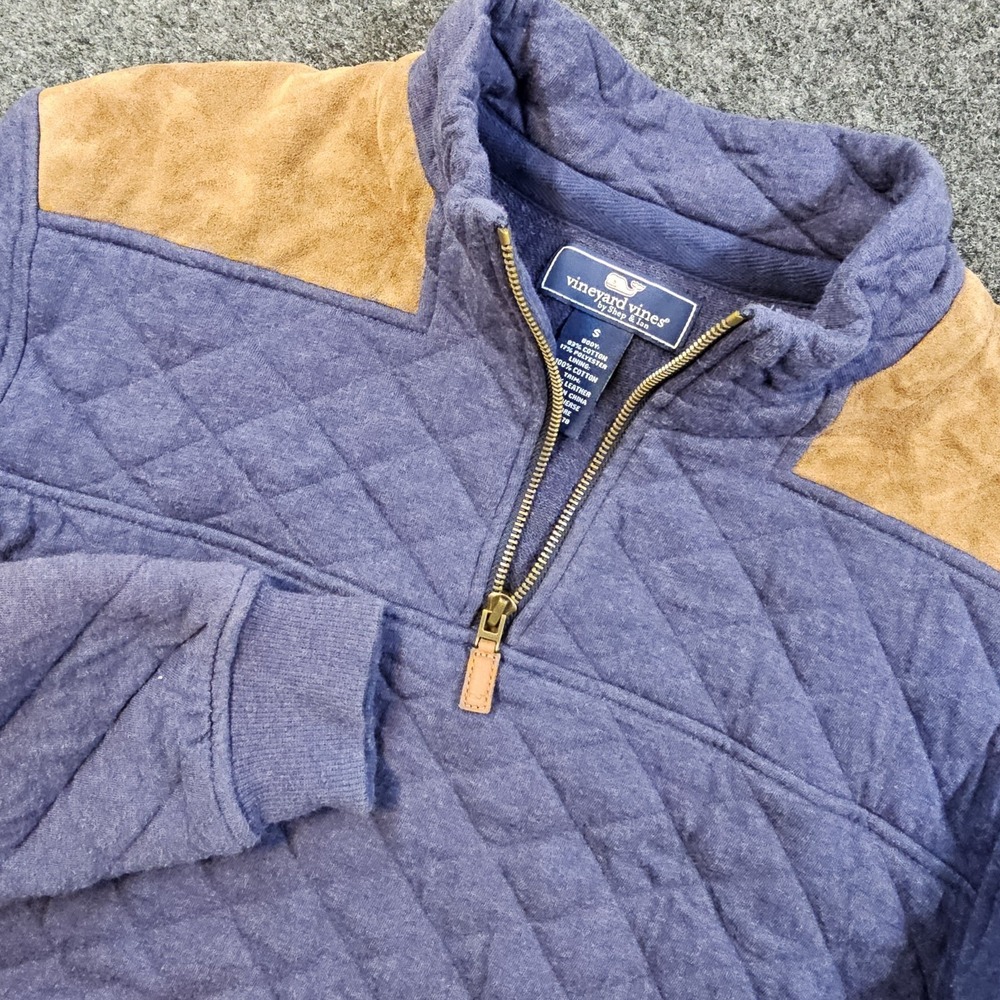 Vineyard Vines Quilted 1/4 Zip Pullover Mens Small Blue Suede Shoulder Patches